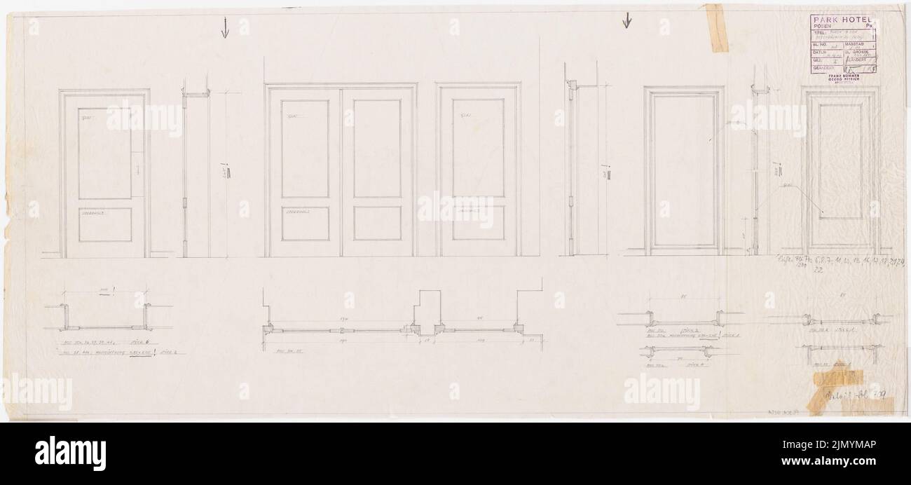 Böhmer Franz (1907-1943), Park Hotel in Posen (14. Oktober 1940): Türen in den Nebenräumen des Erdgeschosses: Ausblick, Schnitte 1:10. Bleistift auf Transparent, 50,8 x 109,6 cm (einschließlich Scankanten) Stockfoto