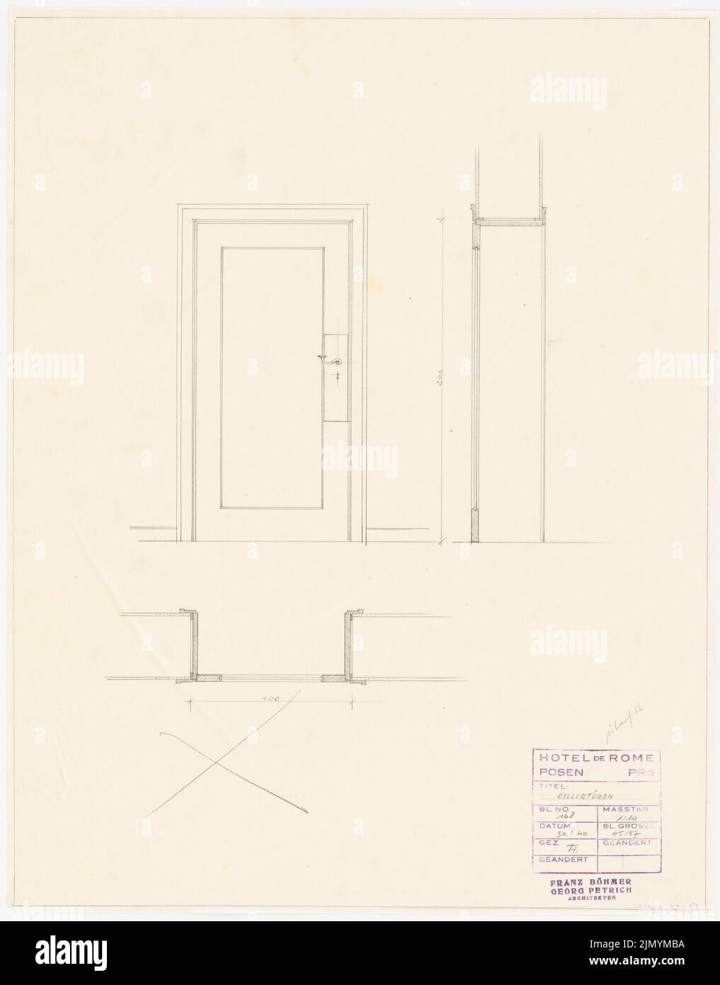 Böhmer Franz (1907-1943), Park Hotel in Poznan (30.08.1940): Kellert Türen: AIGE, Schnitte 1:10. Bleistift auf Transparent, 56,7 x 44,3 cm (einschließlich Scankanten) Stockfoto