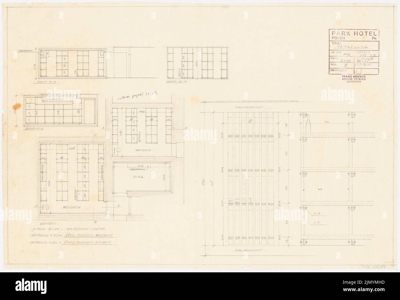 Böhmer Franz (1907-1943), Park Hotel in Pozen (8. Januar 1941): Weinkeller: Grundriß 1:50, Schnitte 1:10. Bleistift auf Transparent, 42,9 x 63 cm (einschließlich Scankanten) Stockfoto