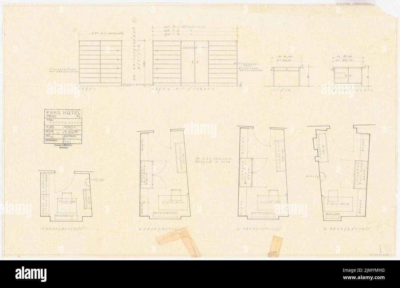 Böhmer Franz (1907-1943), Park Hotel in Pozen (06.03.1941): Putzkammern: Grundrisse 1. bis 4. Obergeschoss, Ausblick 1:20. Bleistift auf Transparent, 54,3 x 83,4 cm (einschließlich Scankanten) Stockfoto