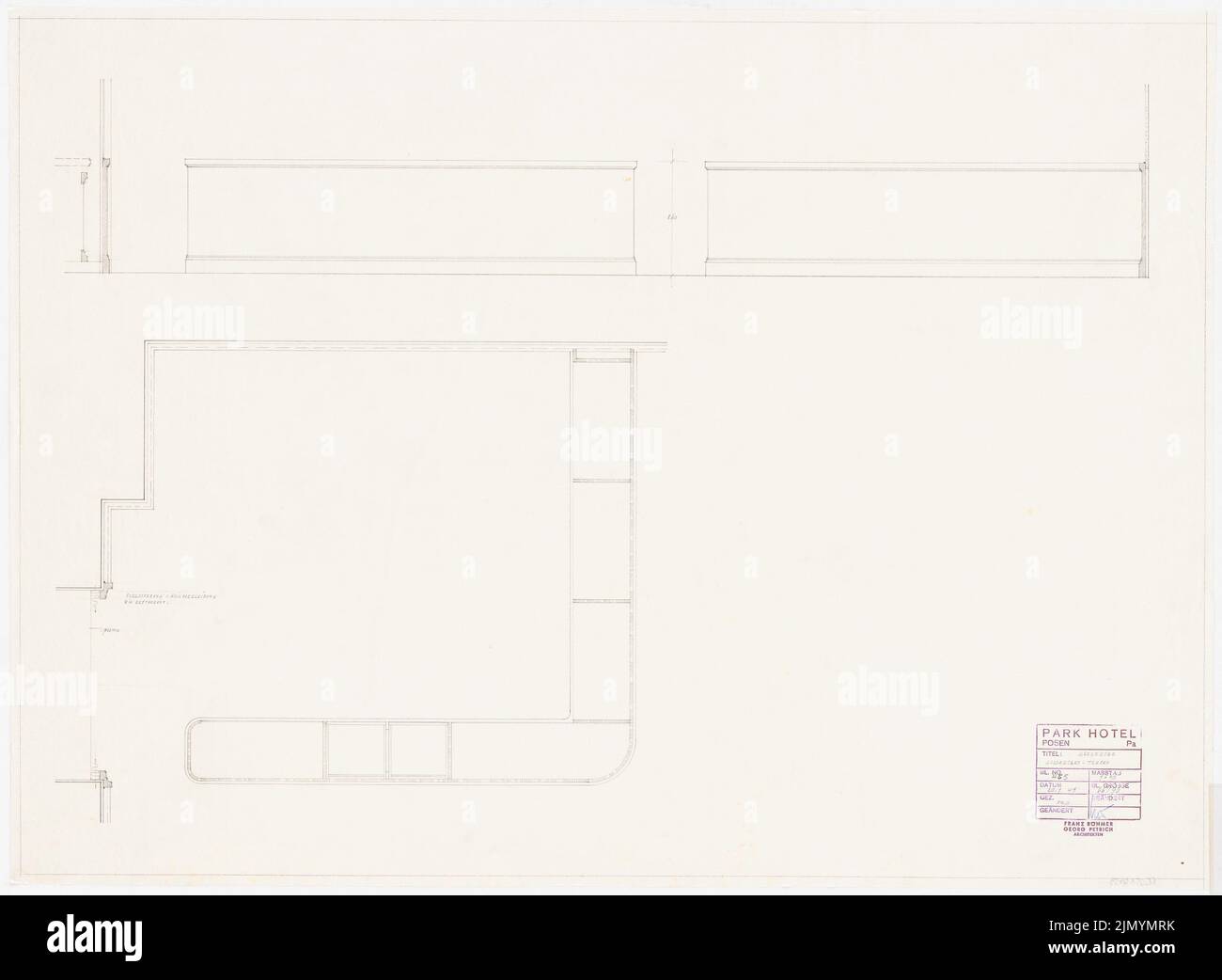 Böhmer Franz (1907-1943), Park Hotel in Posen (20. Januar 1941): Garderobe, Theke: Grundriß, Ausblick 1:10. Bleistift auf Transparent, 67,4 x 91,9 cm (einschließlich Scankanten) Stockfoto