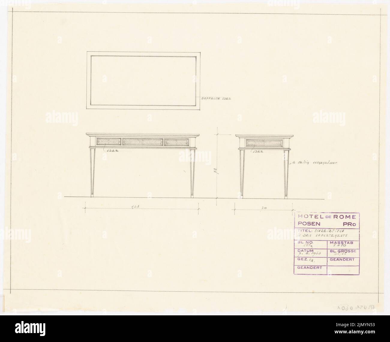 Böhmer Franz (1907-1943), Park Hotel in Posen (07.08.1940): Schreibtisch in den Apparaten 1:10. Bleistift auf Transparent, 38,3 x 47,3 cm (einschließlich Scankanten) Stockfoto