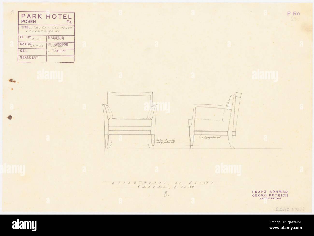 Böhmer Franz (1907-1943), Park Hotel in Poznan (28.09.1940): Sessel im Kl. Salon 1:10 Uhr. Bleistift auf Transparent, 30,2 x 44,2 cm (einschließlich Scankanten) Stockfoto