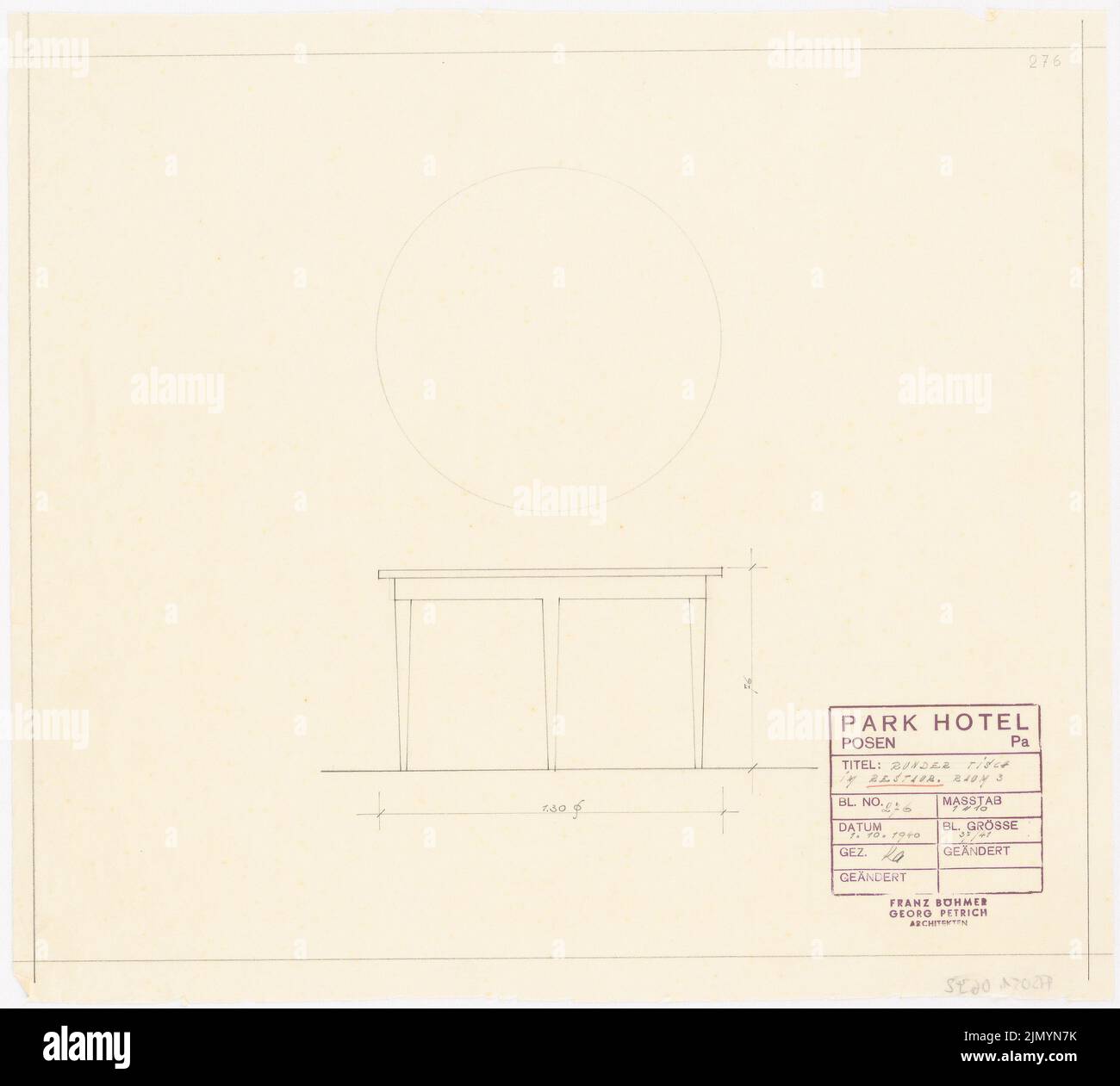 Böhmer Franz (1907-1943), Park Hotel in Pozen (1.. Oktober 1940): Runder Tisch im Raum 3 1:10 Uhr. Bleistift auf Transparent, 38 x 42,2 cm (einschließlich Scankanten) Stockfoto