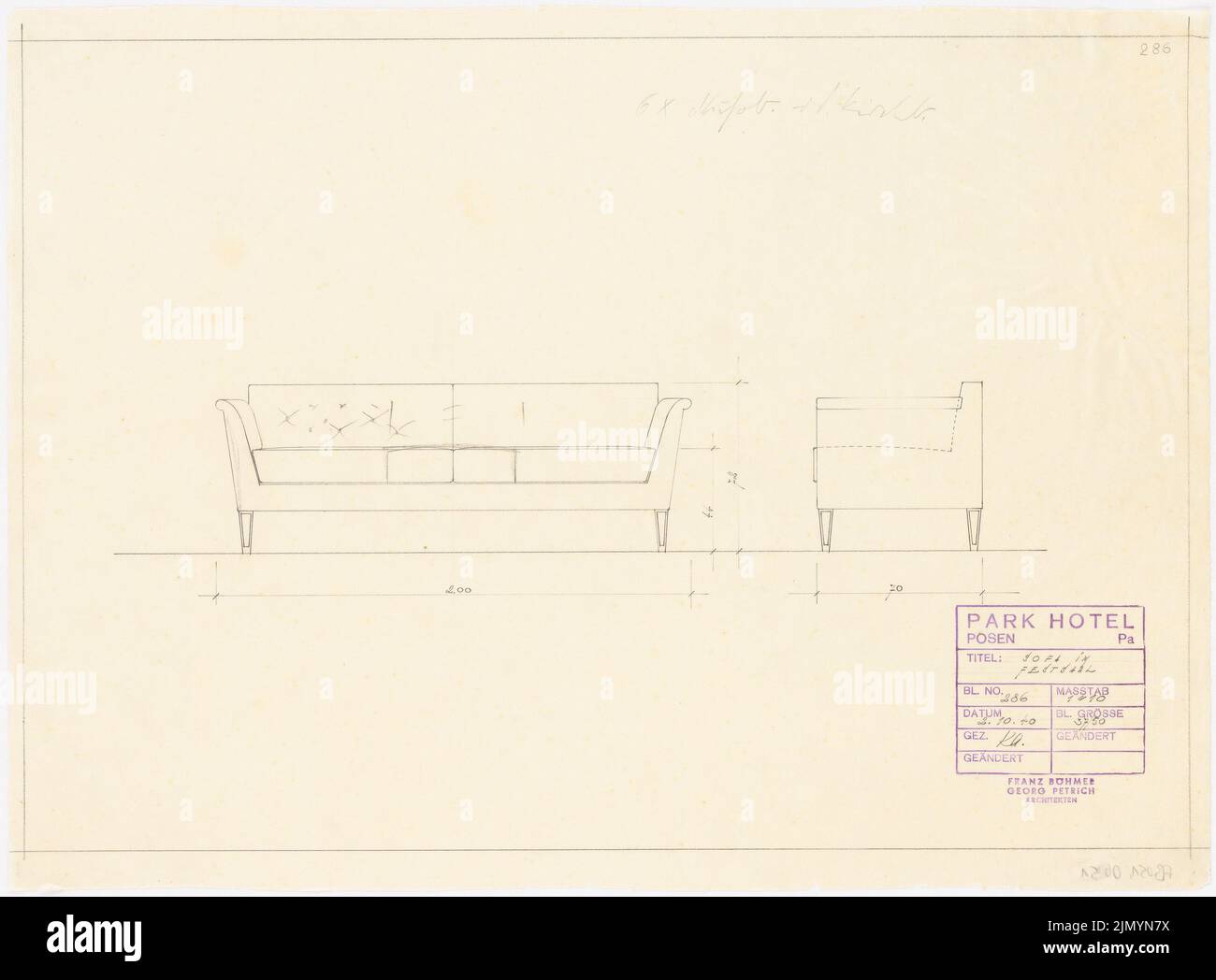 Böhmer Franz (1907-1943), Park Hotel in Posen (02.10.1940): Sofa im Ballsaal 1:10 Uhr. Bleistift auf Transparent, 37,9 x 51,4 cm (einschließlich Scankanten) Stockfoto