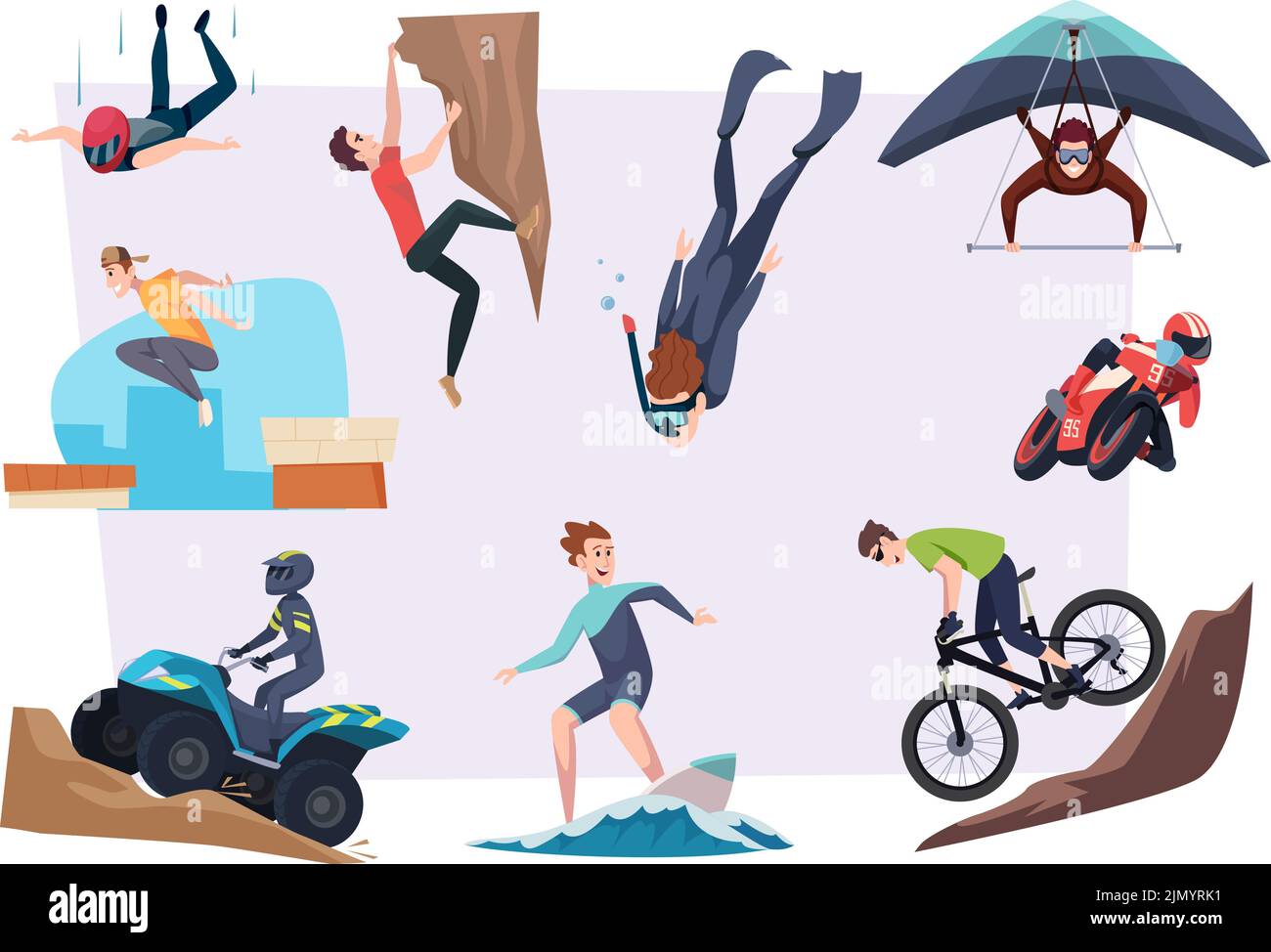 Gefährlicher Sport. Outdoor riskant extreme Aktivität Abenteuer Personen Fallschirmspringen Radfahren Kletterer Läufer genaue Vektor-Cartoon-Illustrationen Stock Vektor