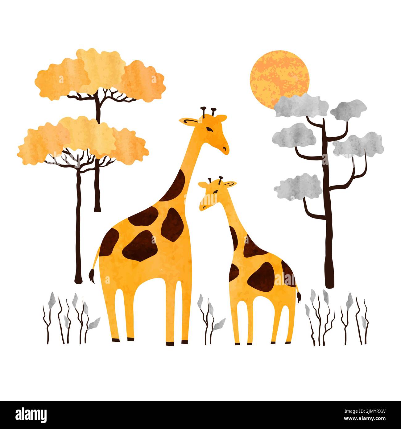 Cartoon Giraffen Familie - Mutter und Baby. Vektor afrikanische Tiere Aquarell Illustration. Stock Vektor