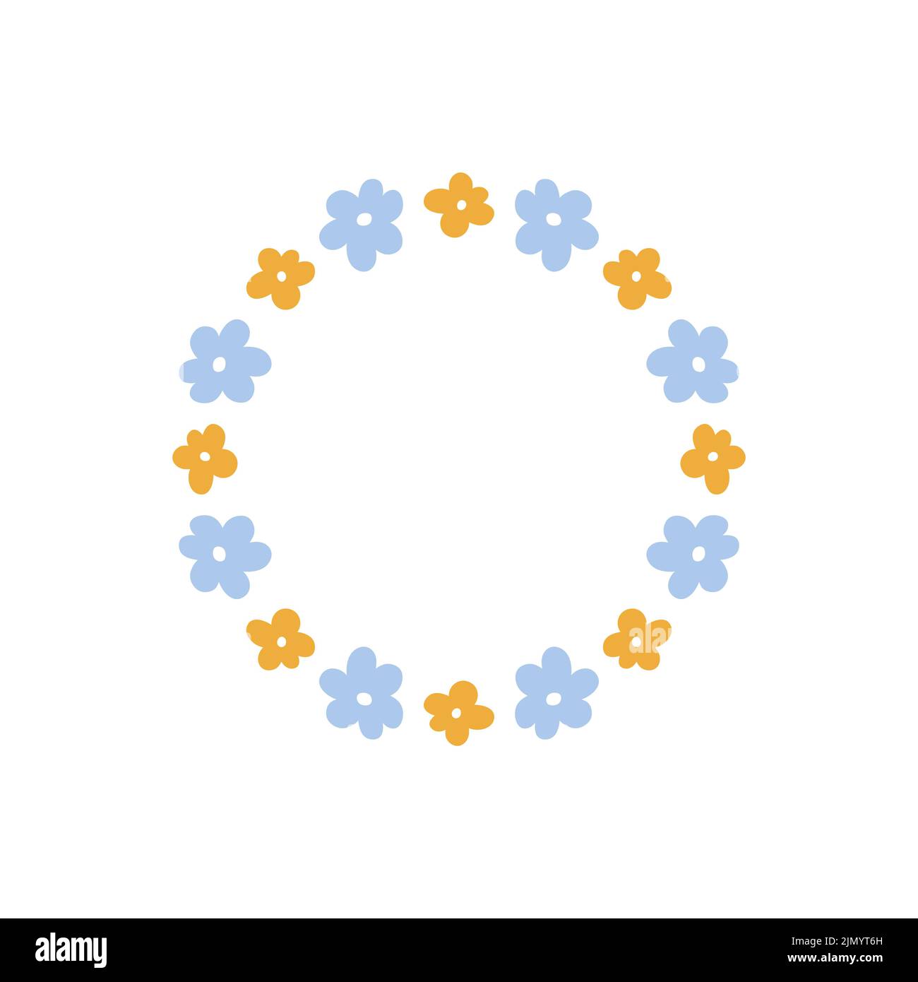 Blumenkranz mit niedlichen winzigen Gänseblümchen isoliert auf weißem Hintergrund. Runder Rahmen mit Blumen. Handgezeichnete Vektorgrafik. Perfekt für Karten Stock Vektor