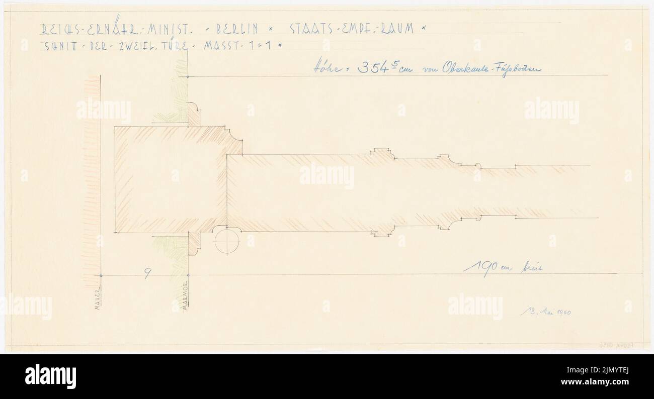 Böhmer Franz (1907-1943), Reichsministerium für Ernährung und Landwirtschaft in Berlin-Mitte (18. Mai 1940): Doppelblatttür: Detaildurchschnitt 1: 1. Bleistift, farbiger Bleistift auf Transparent, 36,7 x 67,6 cm (einschließlich Scankanten) Stockfoto