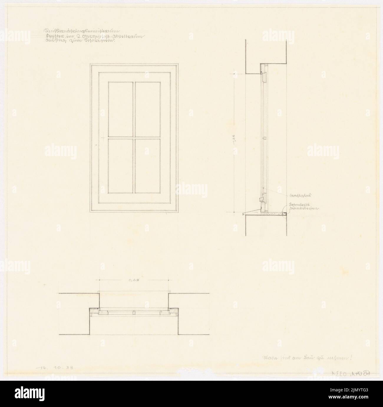 Böhmer Franz (1907-1943), Reichsministerium für Ernährung und Landwirtschaft in Berlin-Mitte (14.10.1938): Fenster im Lagerraum im 2.. Stock: Grundriß, Aussicht, Schnitt. Bleistift auf Transparent, 37,6 x 37,9 cm (einschließlich Scankanten) Stockfoto
