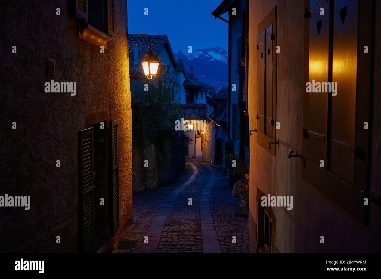 Die Landschaft von Saint-Saphorin bei Nacht. Das Dorf liegt im Schweizer Kanton Waadt, am Ufer des Genfer Sees (Lac Leman), im Bezirk Stockfoto