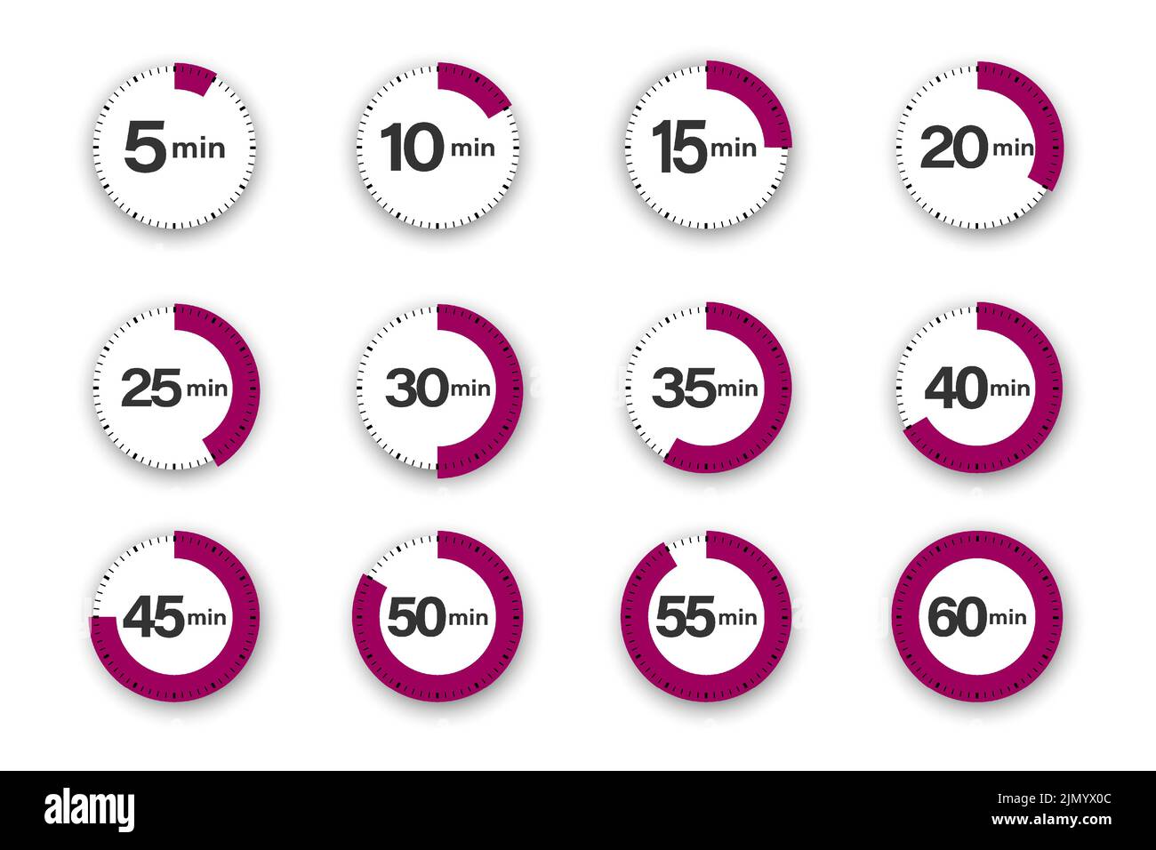 Satz von Timern. 5, 10, 15, 20, 25, 30, 35, 40, 45, 50, 55 und 60 Minuten. Countdown-Timer-Symbole eingestellt. Isolierte Vektordarstellung. Stock Vektor