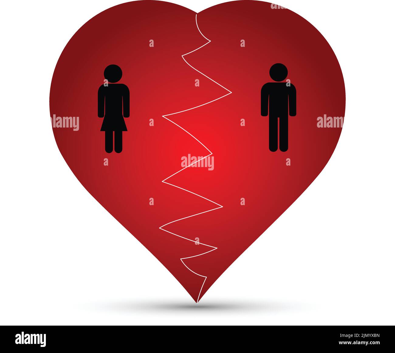 Rotes gebrochenes Herz mit Silhouetten eines Mannes und einer Frau, Trennungskonzept Stock Vektor