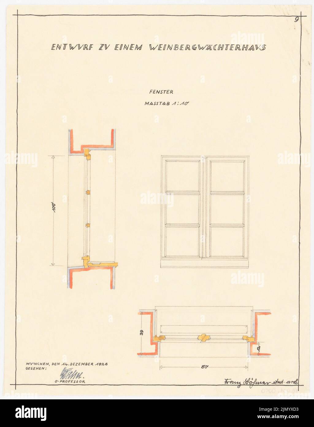 Böhmer Franz (1907-1943), Weinbergsbeamter (14. Dezember 1926): Fenster: Grundriß, Ansicht, Schnitt 1:10. Bleistift wasserfarbig bis transparent, 36 x 28,4 cm (einschließlich Scankanten) Stockfoto