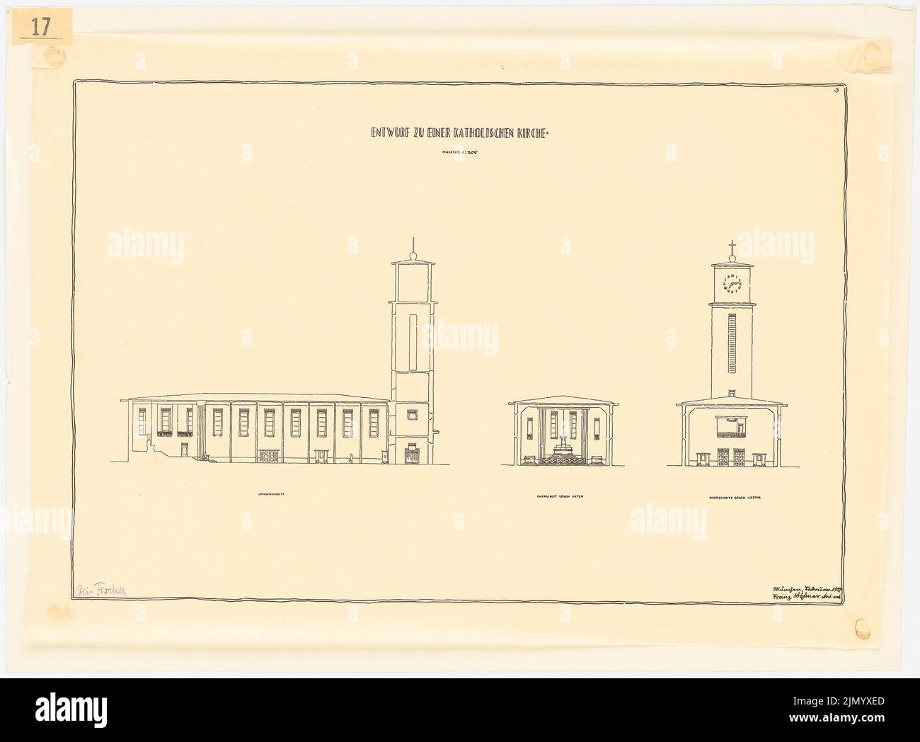 Böhmer Franz (1907-1943), Katholische Kirche (02,1927): Längsschnitt, 2 Querschnitte 1: 200. Tinte auf Transparent auf Papier, 58,4 x 79,3 cm (einschließlich Scankanten) Stockfoto