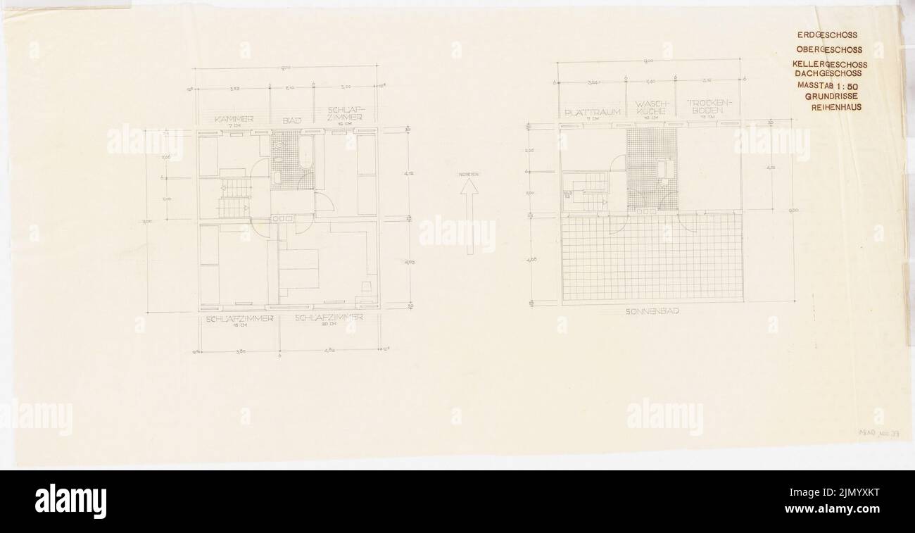 Böhmer Franz (1907-1943), Aufgabe der Stadterweiterung, Sommersemester 1932 (1932): Terh Häuser: Entwurf Grundrisse 1:50. Bleistift auf Transparent, 46,3 x 90,1 cm (einschließlich Scankanten) Stockfoto