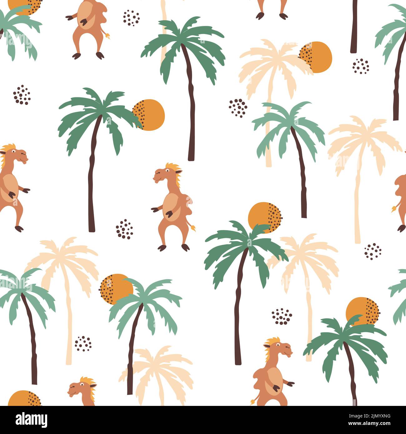 Nahtloses Safarimuster mit niedlichem Kamel und Palmen. Babydruck, Kinder-Textildesign. Stock Vektor