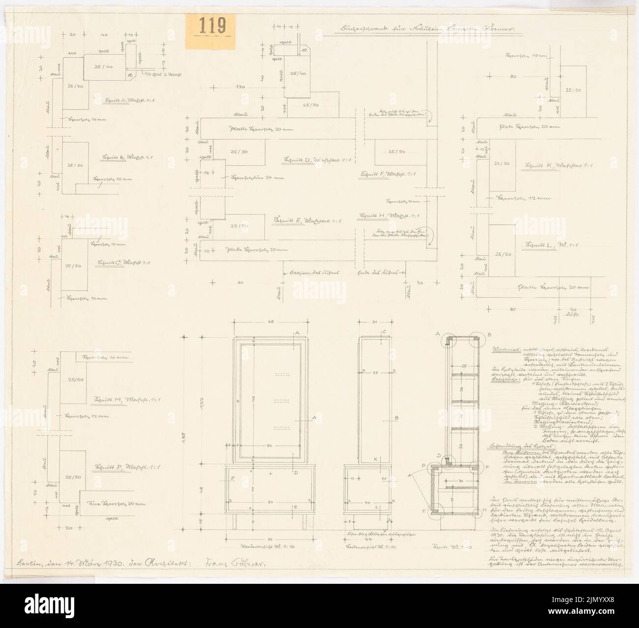 Böhmer Franz (1907-1943), Bücherregal (14.03.1930): Bücherregal für Miss Brigitte [...]: Ansichten, Schnitte 1:10, Details 1: 1. Bleistift auf Transparent, 56 x 61,2 cm (einschließlich Scankanten) Stockfoto