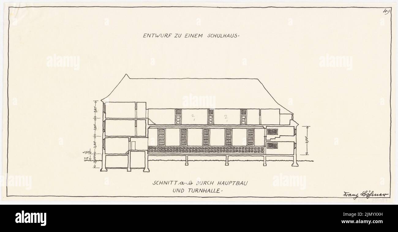 Böhmer Franz (1907-1943), Schulgebäude (1925-1925): Schnitt durch das Hauptgebäude und die Turnhalle. Tinte, Bleistift auf Transparent, 21,8 x 42,5 cm (einschließlich Scankanten) Stockfoto