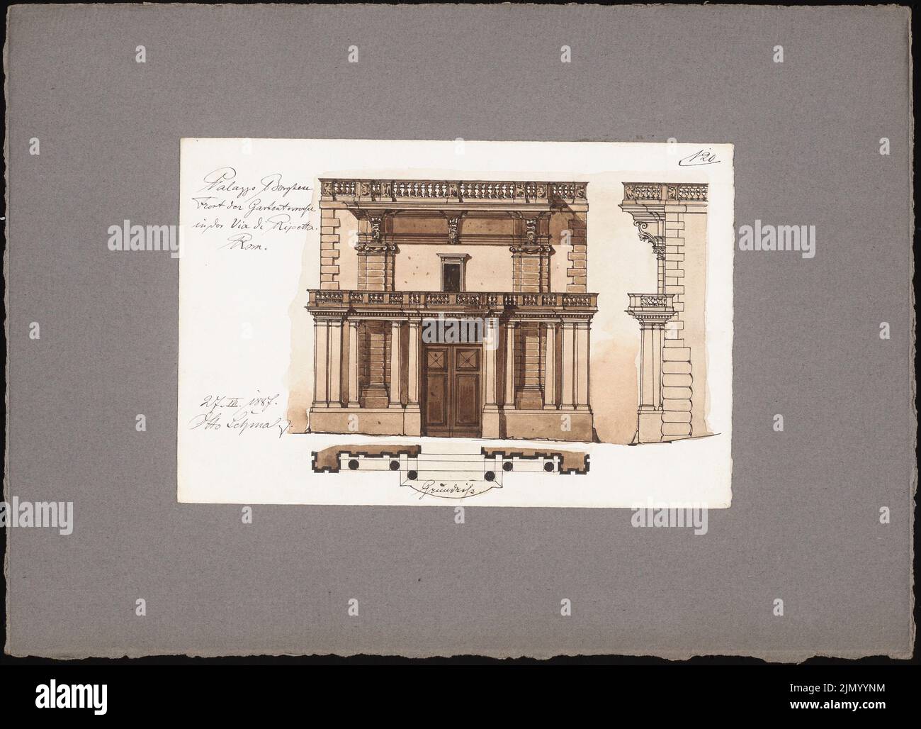 Schmalz Otto (1861-1915), Reiseskizzen aus Pompeji, Neapel und Rom (27. März 1887): Rom: Palazzo Borghese (Ansichten, Fassade horizontal geschnitten). Tusche Aquarell auf Papier, 30,7 x 42,6 cm (einschließlich Scankanten) Stockfoto