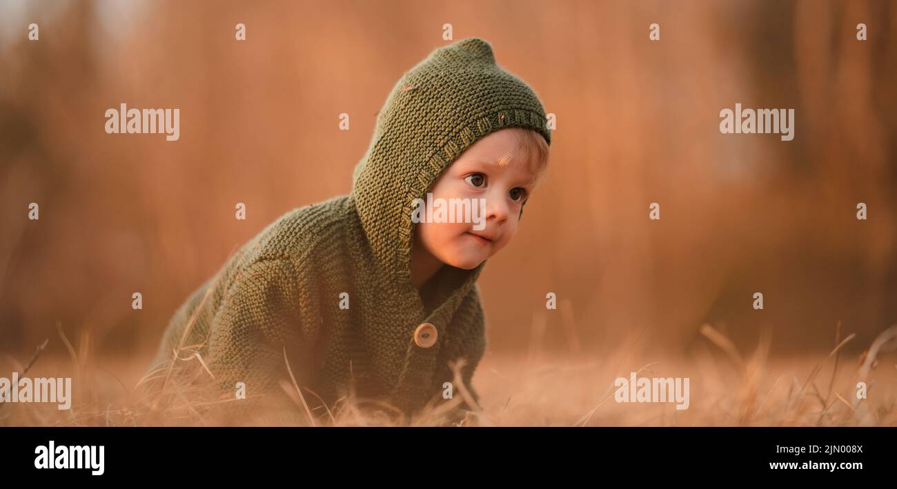 Herbstporträt eines glücklichen kleinen Jungen im Strickpullover, der in trockenem Gras in der Natur sitzt und spielt. Stockfoto