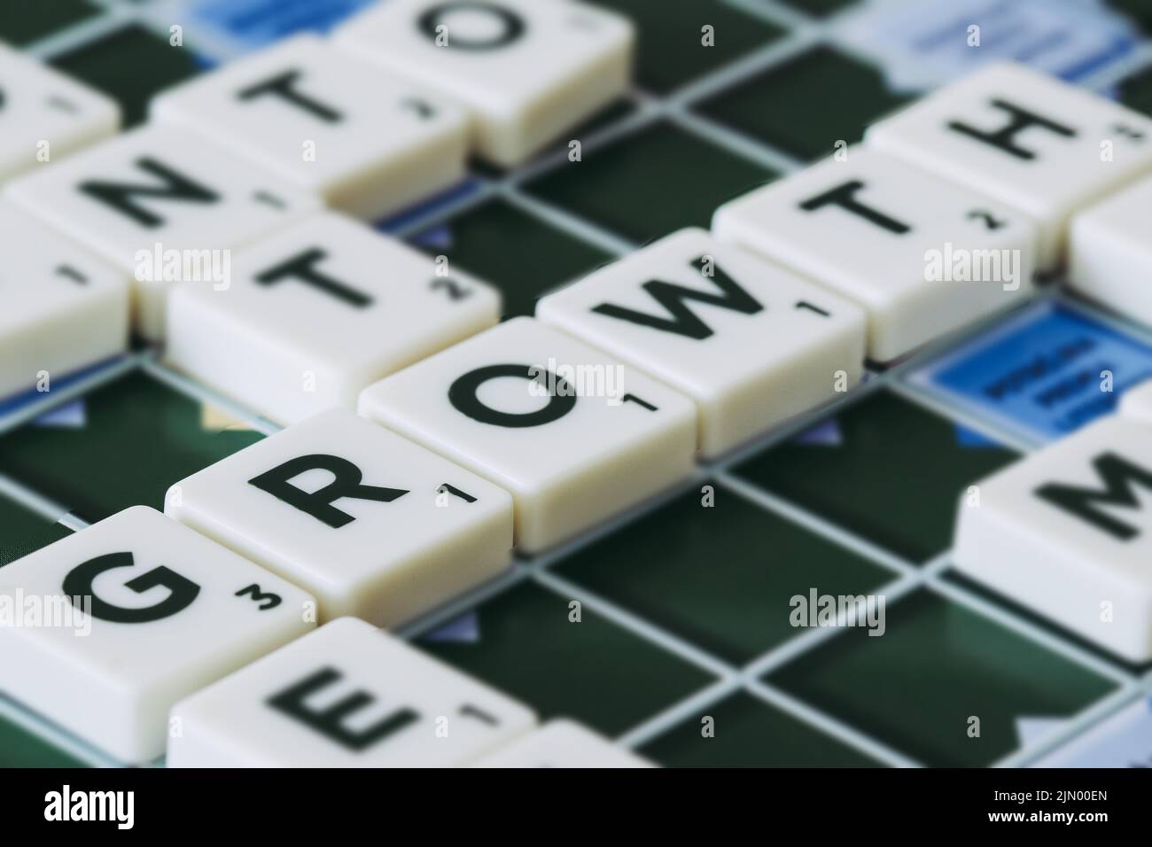 Wachstumswort aus geschrotteln Stücken blockiert Buchstaben an Bord Stockfoto