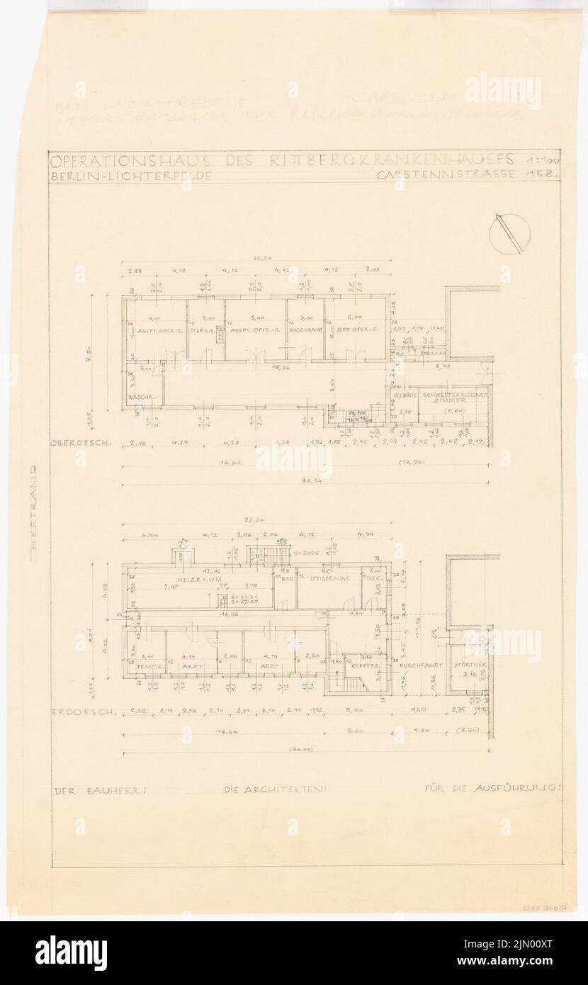 Böhmer Franz (1907-1943), Gräfin-Rittberg-Krankenhaus in Berlin-Lichterfelde (1934-1934): Operationshaus: Grundriß Erde und Obergeschoss 1: 100. Bleistift auf Transparent, 75,8 x 48,4 cm (einschließlich Scankanten) Stockfoto