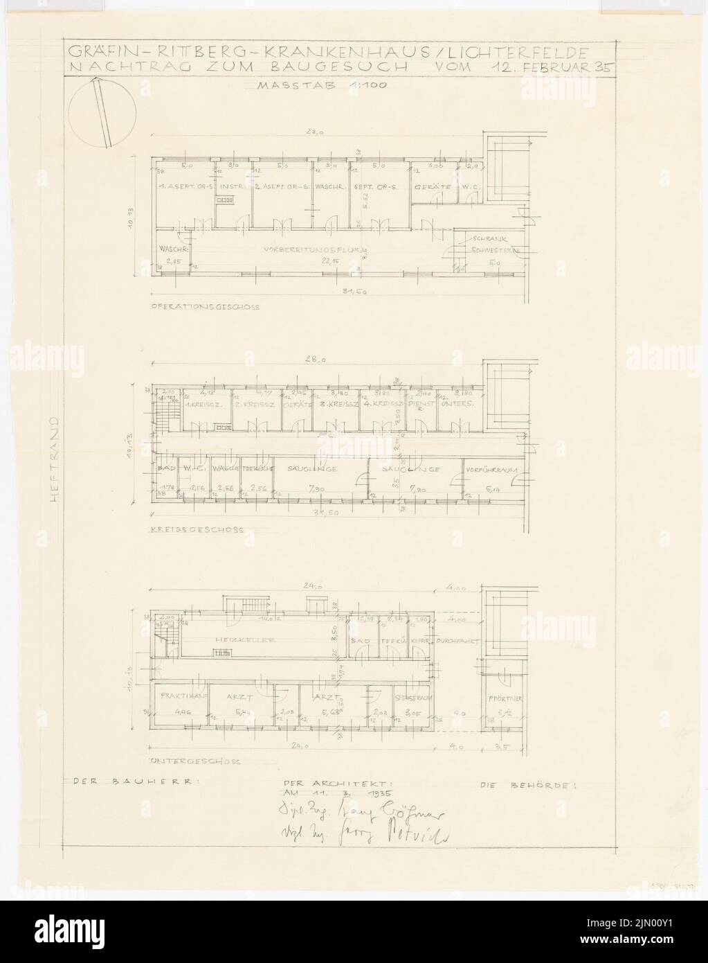 Böhmer Franz (1907-1943), Gräfin-Rittberg-Krankenhaus in Berlin-Lichterfelde (11.03.1935): Austausch: Lageplan Keller, Erde und Obergeschoss 1: 100. Bleistift auf Transparent, 75,9 x 59,8 cm (einschließlich Scankanten) Stockfoto