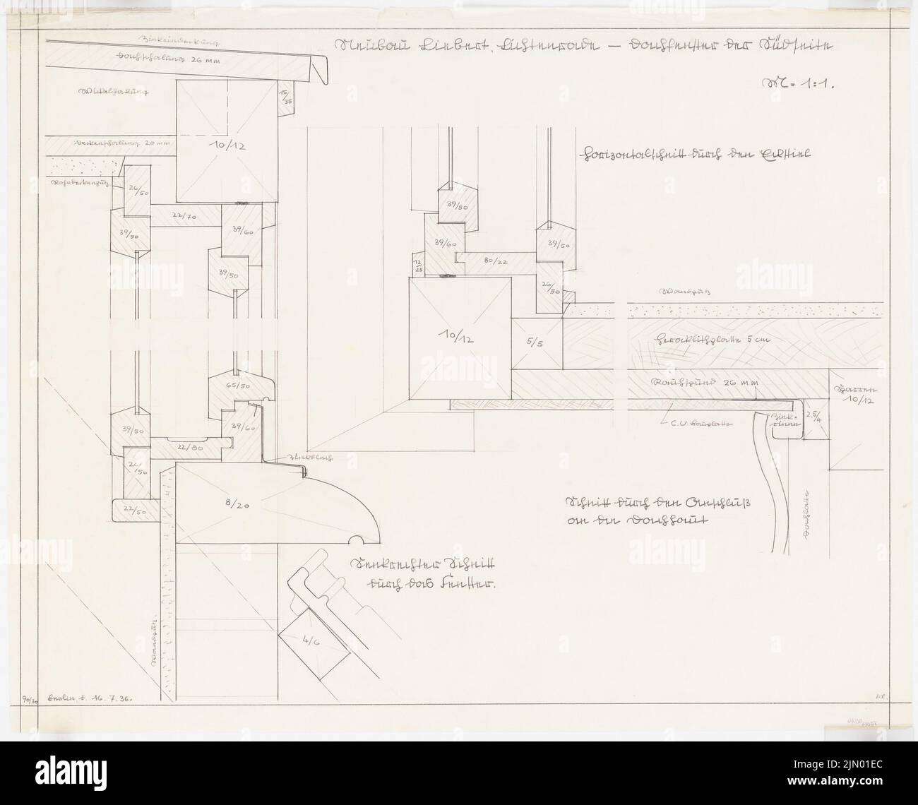 Böhmer Franz (1907-1943), Liebert-Wohnhaus in Berlin-Lichtenrade (16. Juli 1936): Dachzuführung: Details Schnitte 1: 1. Bleistift auf Transparent, 72,3 x 89,5 cm (einschließlich Scankanten) Stockfoto