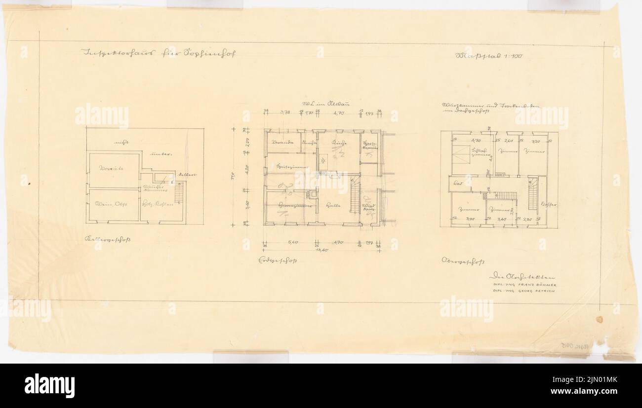 Böhmer Franz (1907-1943), Schloss Sophienhof in Mecklenburg (1936-1936): Entwurf Grundriß Keller-, Erd- und Obergeschoss 1: 100. Bleistift auf Transparent, 41,5 x 73,3 cm (einschließlich Scankanten) Stockfoto