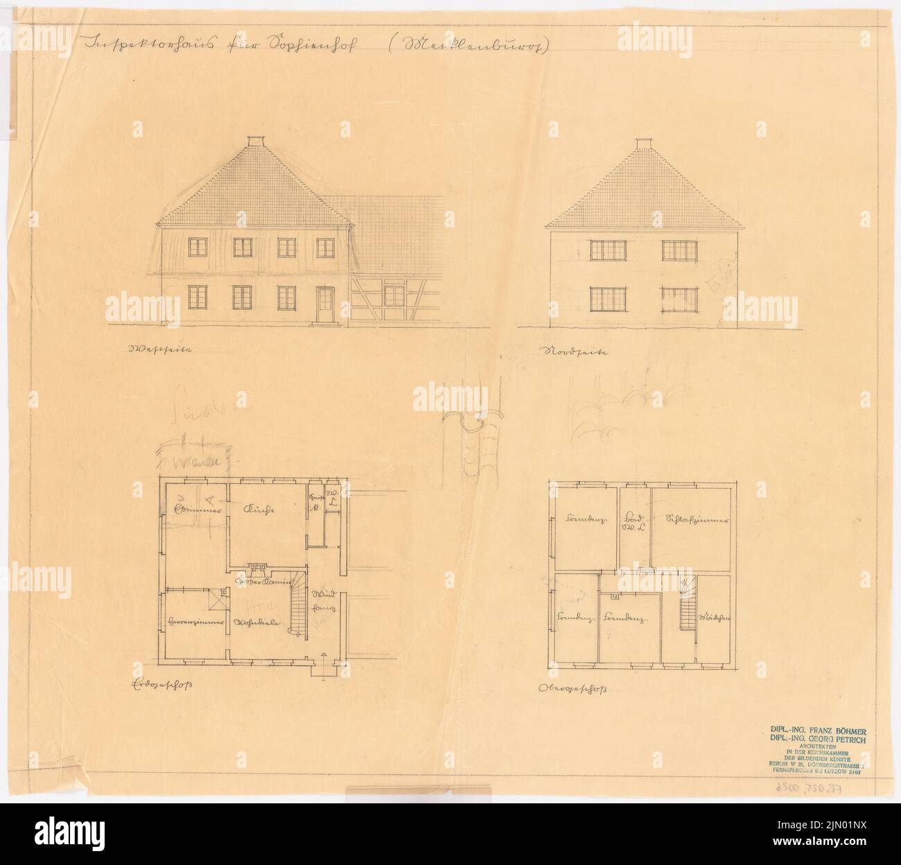 Böhmer Franz (1907-1943), Schloss Sophienhof in Mecklenburg (1936-1936): Gestalterischer Grundriß Erde und Obergeschoss, Aussicht. Bleistift auf Transparent, 48,1 x 53,9 cm (einschließlich Scankanten) Stockfoto