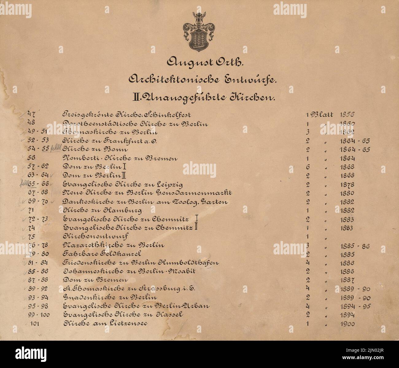 Orth August (1828-1901), August Orth: Architekturentwürfe. Unbemalte Kirchen (ohne dat.): Illustration Liste der aktuellen Zahlen. Material/Technologie N.N. Aufgenommen, 33,5 x 39,2 cm (inklusive Scankanten) Orth August (1828-1901): August Orth: Architektonische Entwürfe. Unausgefuehrte Kirchen Stockfoto