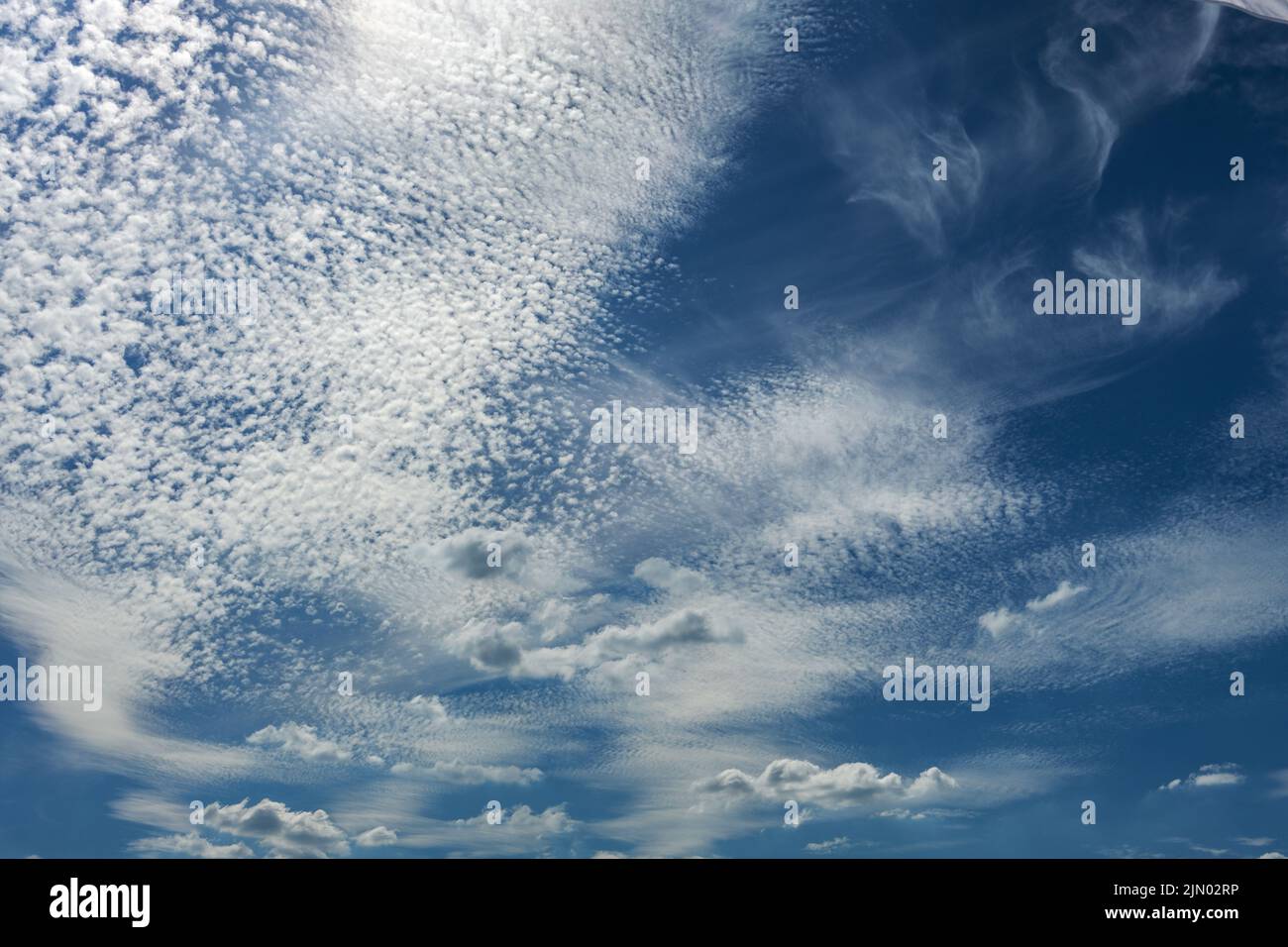 Altocumulus- und Zirruswolken am blauen Himmel, Hintergrund für Natur-, Wetter- und Klimathemen, großer Kopierraum Stockfoto