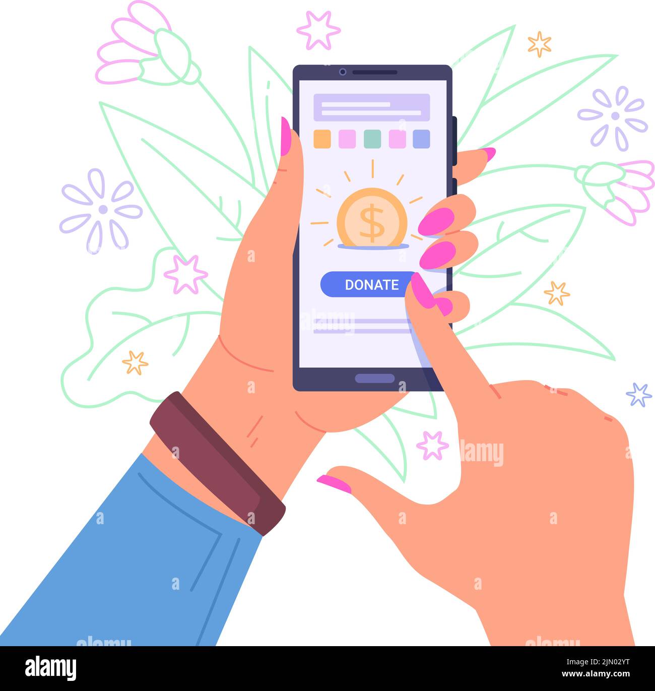 Online-Spende für Smartphones. Hand halten Telefon und Geld spenden drückt Taste auf dem Bildschirm mobile App Kampagne Crowdfunding Hilfe Charity spenden Vektor Illustration. Online-Charity-Smartphone Stock Vektor