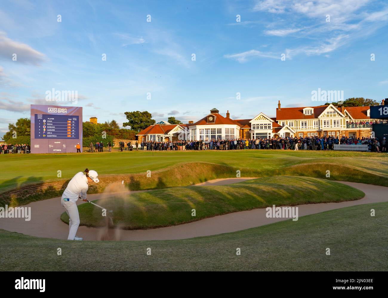 Gullane, Schottland, Großbritannien. 7.. August 2022. Finalrunde der AIG Women’s Open Golf Championship in Muirfield in Gullane, East Lothian. PIC; Chun in Gee spielt aus dem Bunker das 18. Grün. Iain Masterton/Alamy Live News Stockfoto