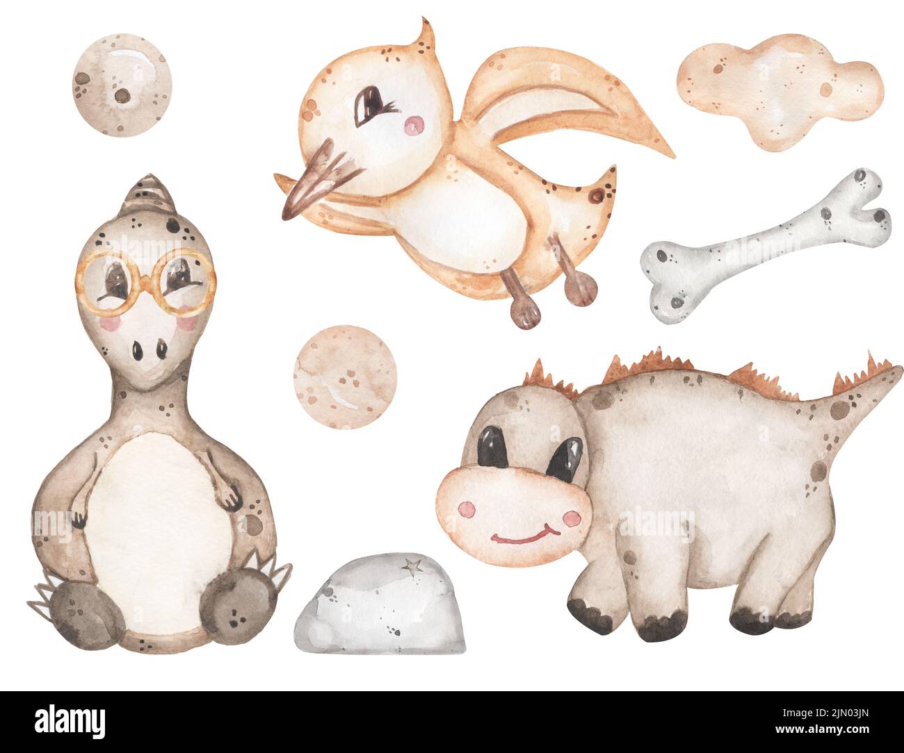 Aquarell Baby Dinosaurier Illustration, niedliche Tiere Cliparts für Kinderzimmer und Baby-Dusche Stockfoto