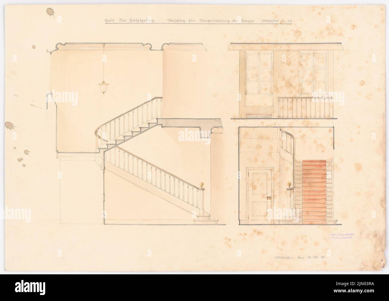 Böhmer Franz (1907-1943), Haus Darré in Berlin-Dahlem [zur Ausstellung genommen, derzeit EC 14] (17. Oktober 1936): Vorschlag zur Neugestaltung der Treppe: Ansichten 1:20. Bleistift-Aquarell auf der Schachtel, 52,4 x 74,5 cm (inklusive Scan-Kanten) Böhmer & Petrich : Haus Darré, Berlin-Dahlem. Umbau Stockfoto