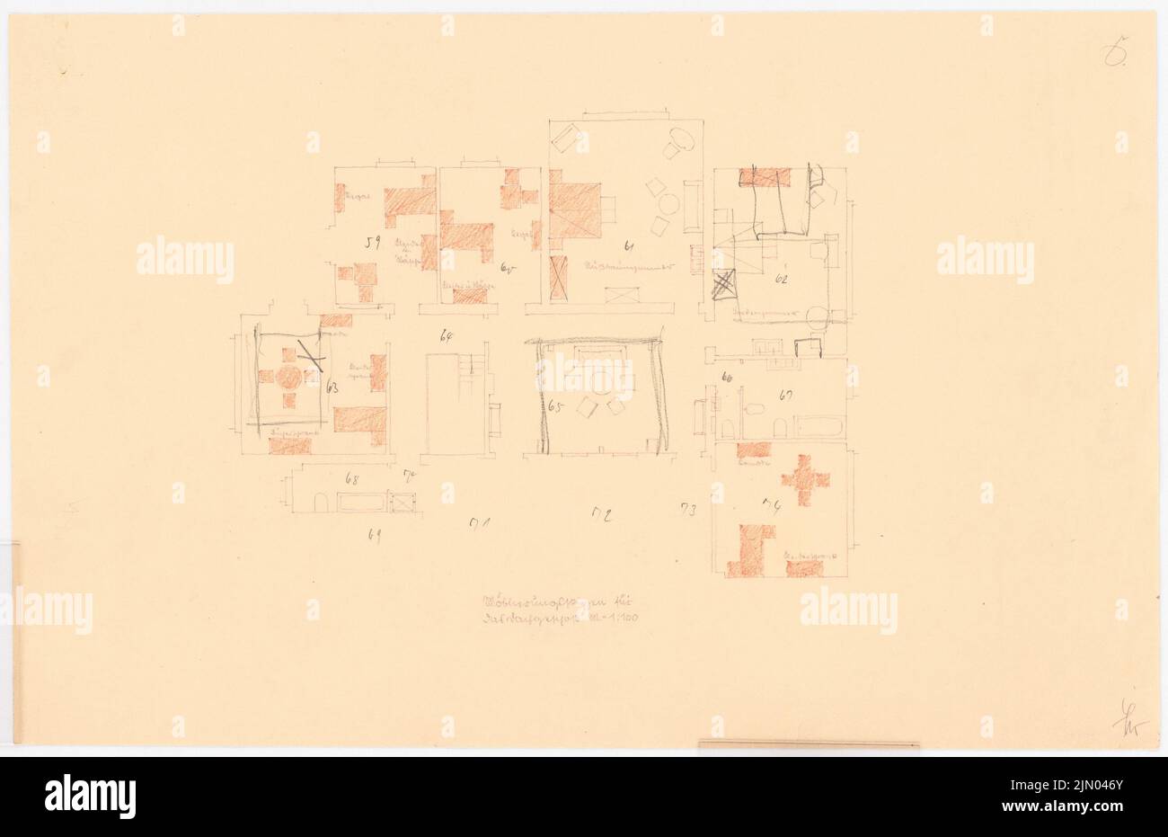 Böhmer Franz (1907-1943), Umbau Haus Klausner zur Deutsch-Englischen Gesellschaft in Berlin-Charlottenburg (1939-1939): Grundriß Dachgeschoss mit Möbelplan 1: 100. Bleistift, Farbstift über Lichtbruch auf Papier, 29,7 x 45,8 cm (inklusive Scankanten) Böhmer & Petrich : Umbau Villa Klausner zur Deutsch-Englischen-Gesellschaft, Berlin-Charlottenburg Stockfoto