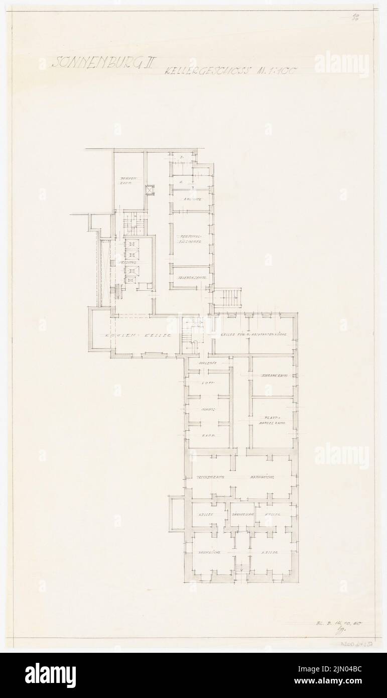Böhmer Franz (1907-1943), Schloss Sonnenburg in Sonnenburg bei Bad Freienwalde (14. Oktober 1940): Grundriss Keller 1: 100. Bleistift auf transparent, 71,7 x 42,6 cm (inklusive Scankanten) Böhmer & Petrich : Schloss Sonnenburg, Bad Freienwalde Stockfoto