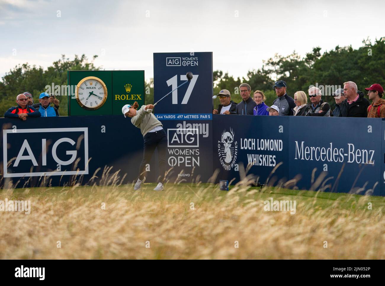 Gullane, Schottland, Großbritannien. 7.. August 2022. Finalrunde der AIG Women’s Open Golf Championship in Muirfield in Gullane, East Lothian. Bild; Hinako Shibuno fährt auf dem 17. Loch. Iain Masterton/Alamy Live News Stockfoto