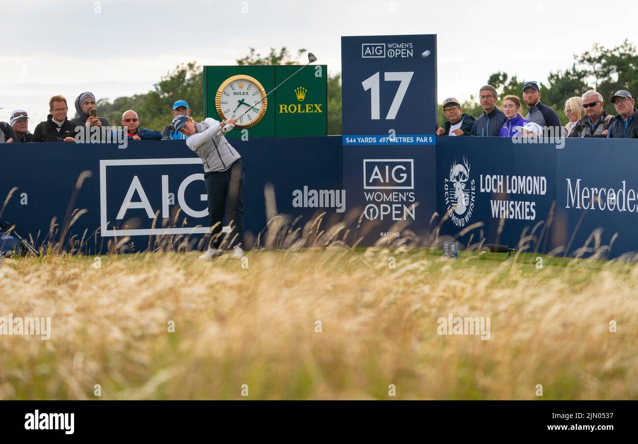 Gullane, Schottland, Großbritannien. 7.. August 2022. Finalrunde der AIG Women’s Open Golf Championship in Muirfield in Gullane, East Lothian. PIC; Ashleigh Buhai fährt auf dem 17. Loch. Iain Masterton/Alamy Live News Stockfoto