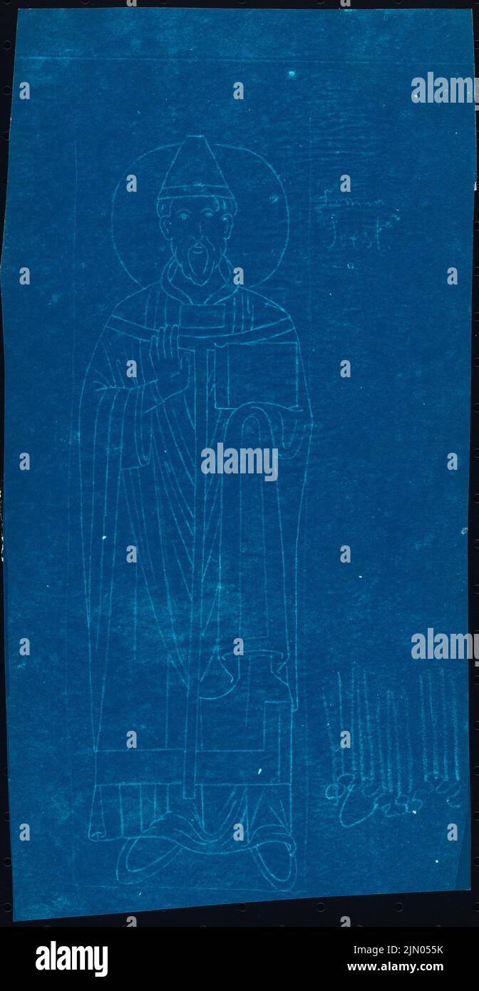 Klomp Johannes Franziskus (1865-1946), unbeeinflusste Altäre, Kirchenanlage, Skulpturen und Ornamente (0-0): Heilige Figur (Soester Dom?). Blaupause auf Papier, 28,6 x 14,8 cm (inklusive Scan-Kanten) Klomp Johannes Franziskus (1865-1946): Ungeordnete Altäre, Kircheneinrichtung, Skulpturen und Ornamente Stockfoto