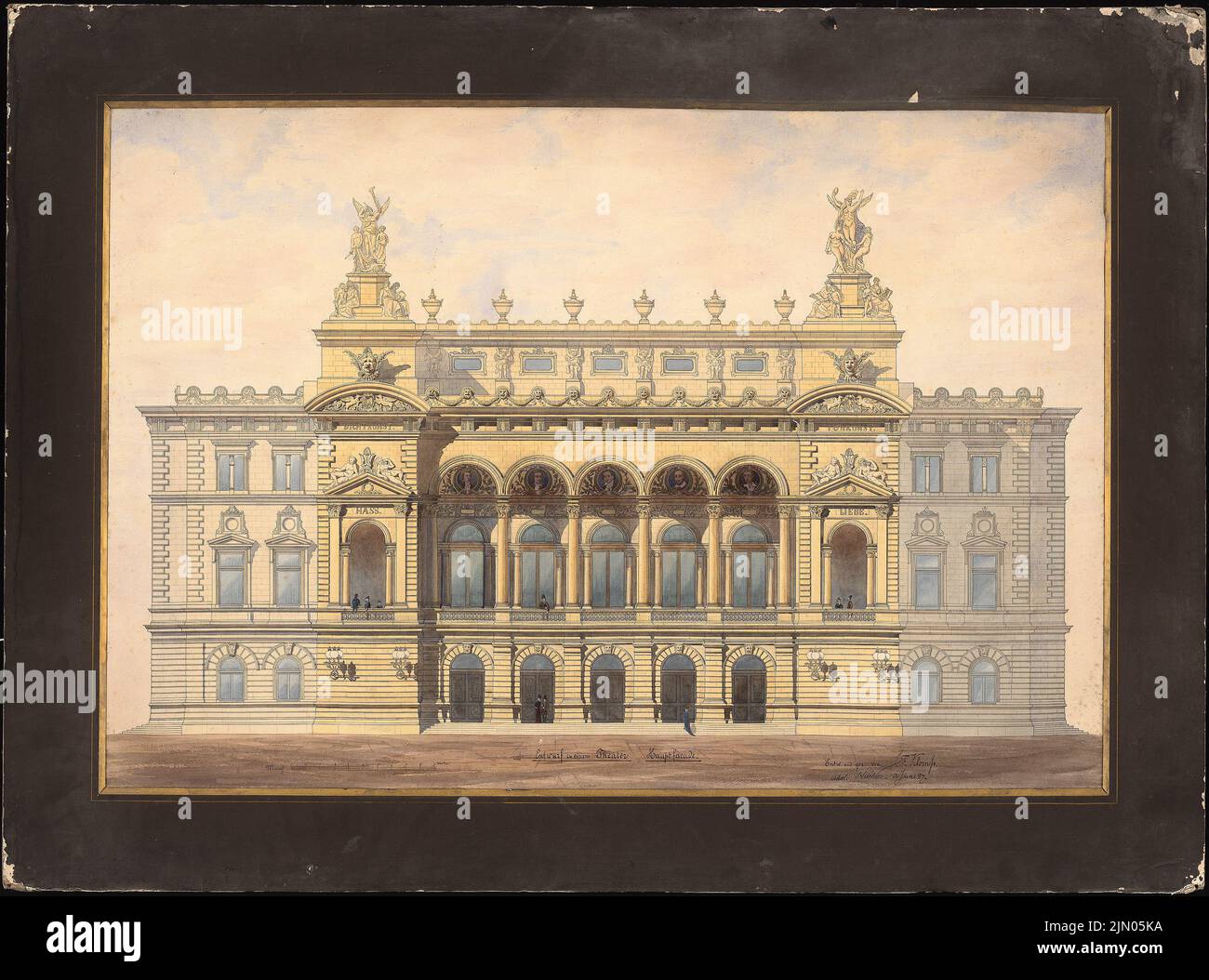 Klomp Johannes Franziskus (1865-1946), Entwurf für ein Theater (12. Juni 1887): Vorderansicht. Tusche Aquarell auf Papier, auf Karton, 92,9 x 125,3 cm (inklusive Scankanten) Klomp Johannes Franziskus (1865-1946): Entwurf zu einem Theater Stockfoto