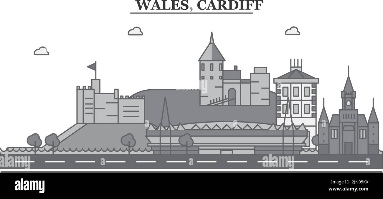 Großbritannien, Cardiff City Skyline isolierte Vektorgrafik, Symbole Stock Vektor