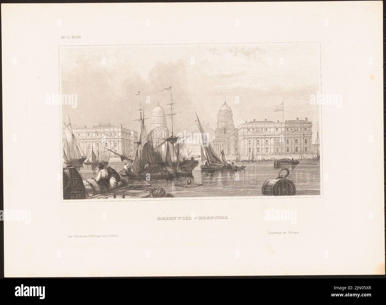 Wren Christopher, Greenwich Hospital, London (ca. 1840): Blick von der Themse. Druck auf Papier, 16,4 x 22,7 cm (einschließlich Scankanten) Wren Christopher : Greenwich Hospital, London Stockfoto