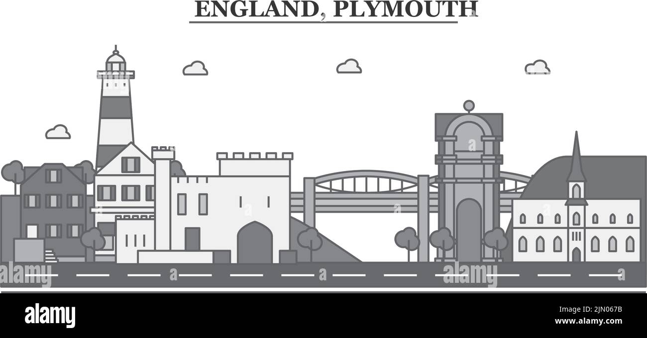Vereinigtes Königreich, Plymouth City Skyline isoliert Vektor Illustration, Symbole Stock Vektor