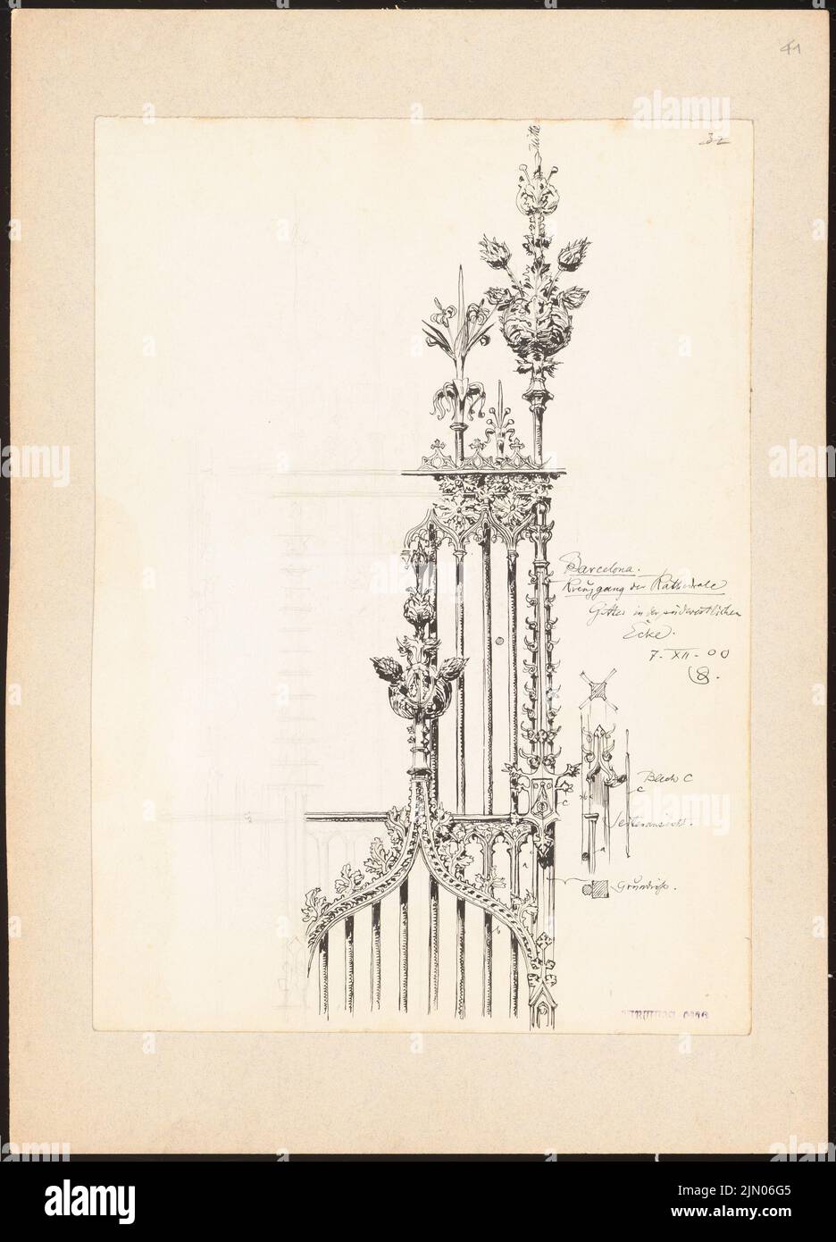 Schmalz Otto (1861-1906), Reiseskizzen aus Österreich, Deutschland, Italien und Spanien (7. Juli 1900): Barcelona: Kathedrale (Details aus dem Kreuzgang). Tinte, Bleistift auf Papier, 42,3 x 30,5 cm (inklusive Scankanten) Schmalz Otto (1861-1906): Reiseskizzen aus Österreich, Deutschland, Italien und Spanien Stockfoto