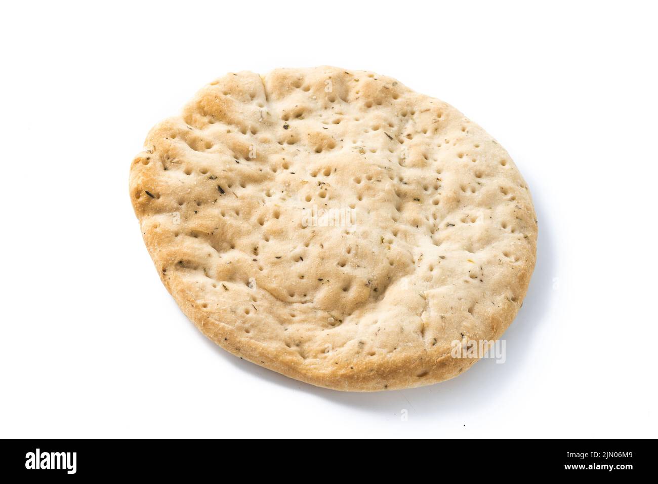 Italienische Focaccia mit Rosmarin isoliert auf weißem Hintergrund Stockfoto