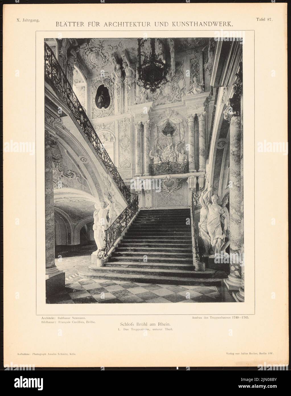 Neumann Balthasar, Schloss Brühl. (Aus: Blätter für Architektur und Kunsthandwerk, 10. Jahr, 1897, Platte 87.) (1897-1897): Innenansicht Treppe. Leichter Druck auf Papier, 34,5 x 27,2 cm (inklusive Scankanten) Neumann Balthasar : Schloss Brühl. (Aus: Blätter für Architektur und Kunsthandwerk, 10. Jg., 1897, Tafel 87) Stockfoto