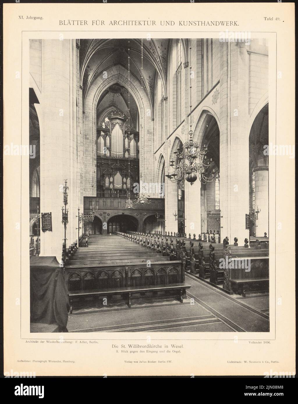 Adler Friedrich (1827-1908), St. Willibrord, Wesel. (Aus: Blätter für Architektur und Kunsthandwerk, 11. Jahr, 1898, Tafel 49.) (1898-1898): Innenansicht gegen Eingang und Chor. Leichter Druck auf Papier, 34,5 x 27,2 cm (inklusive Scankanten) Adler Friedrich (1827-1908): St. Willibrord, Wesel. (Aus: Blätter für Architektur und Kunsthandwerk, 11. Jg., 1898, Tafel 49) Stockfoto